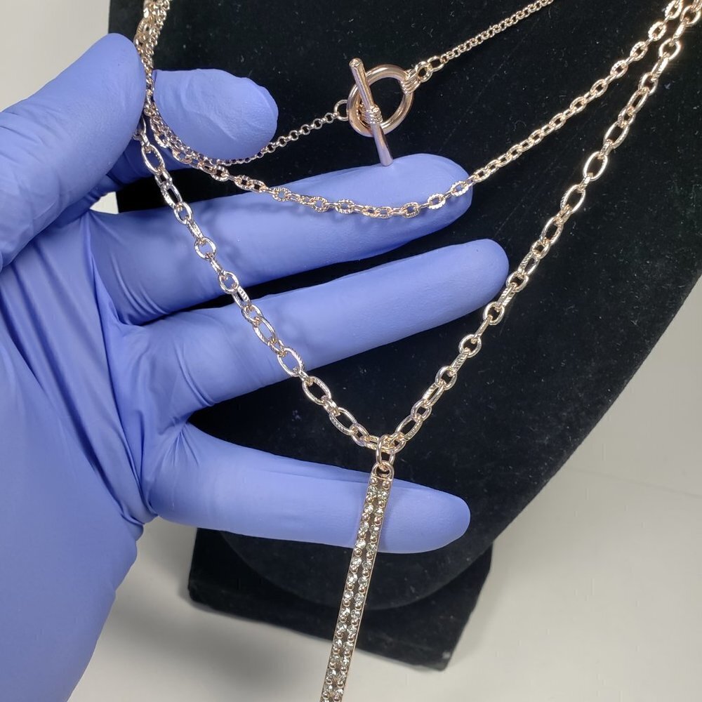 Multi Strand Rose Gold Tone 24 inches Crystal Vertical Bar Pendant Necklace - Picture 9 of 11